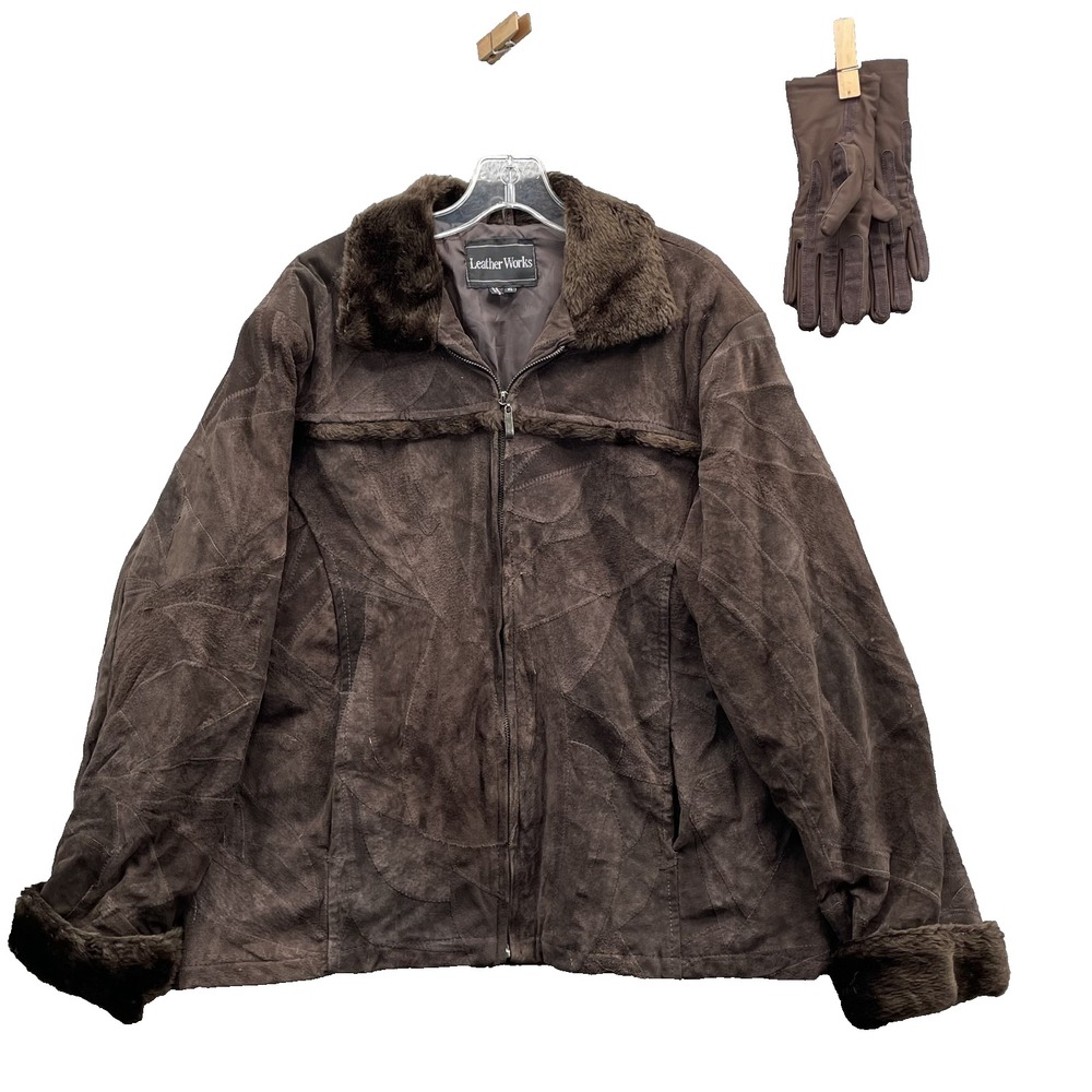 Leather Works Leather Jacket Womens XL Brown Vegan Fur Collar Patchwork 70s Chic